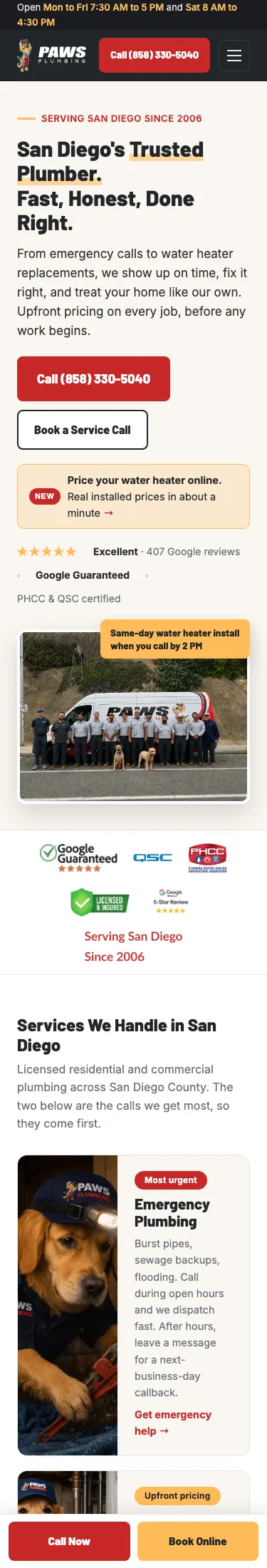 New Paws Plumbing mobile homepage, August 2026