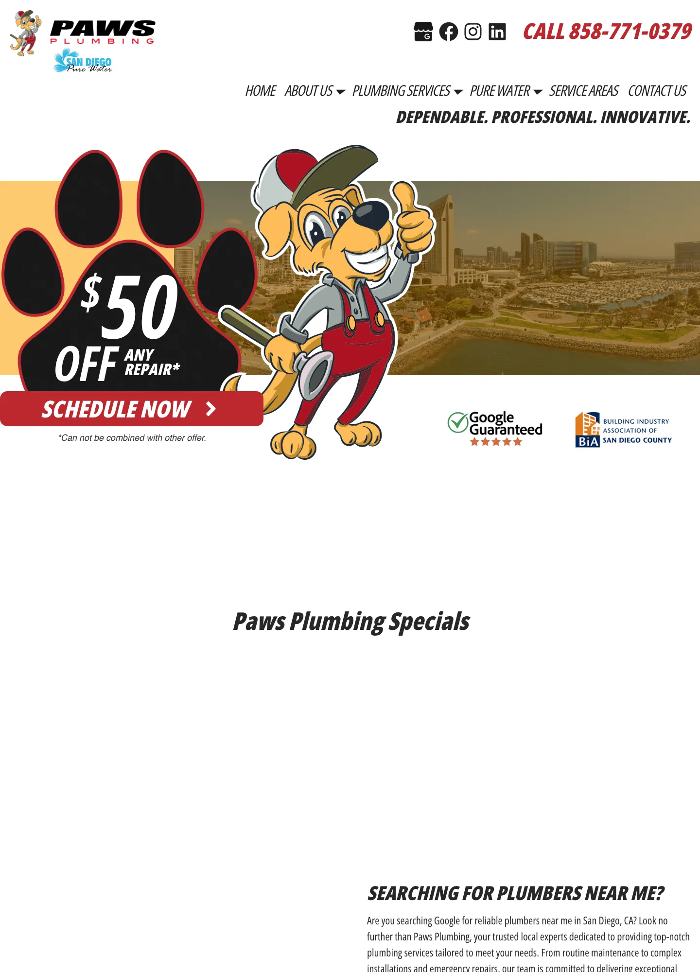 Old Paws Plumbing desktop homepage, February 2026