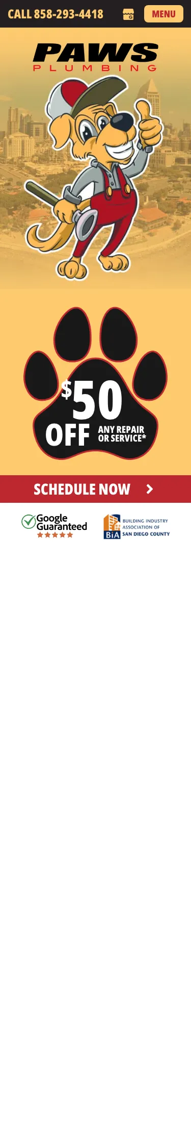 Old Paws Plumbing mobile homepage, February 2026